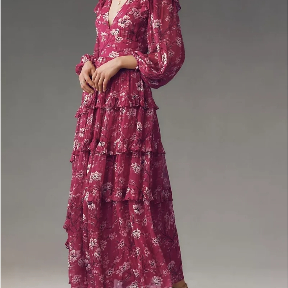 BHLDN Anthropologie Burgundy Floral Long Sleeve Dress NWT